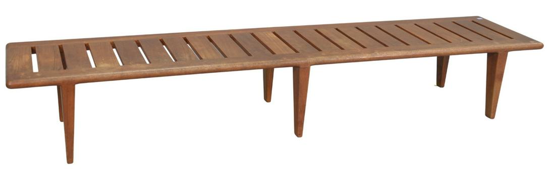 Hans Wegner for Johannes Hansen Teak Bench, having: Hans Wegner for Johannes Hansen Teak Bench, having impressed manufacture mark on bottom, height 12 inches, length 76 1/2 inches, depth 17 inches.