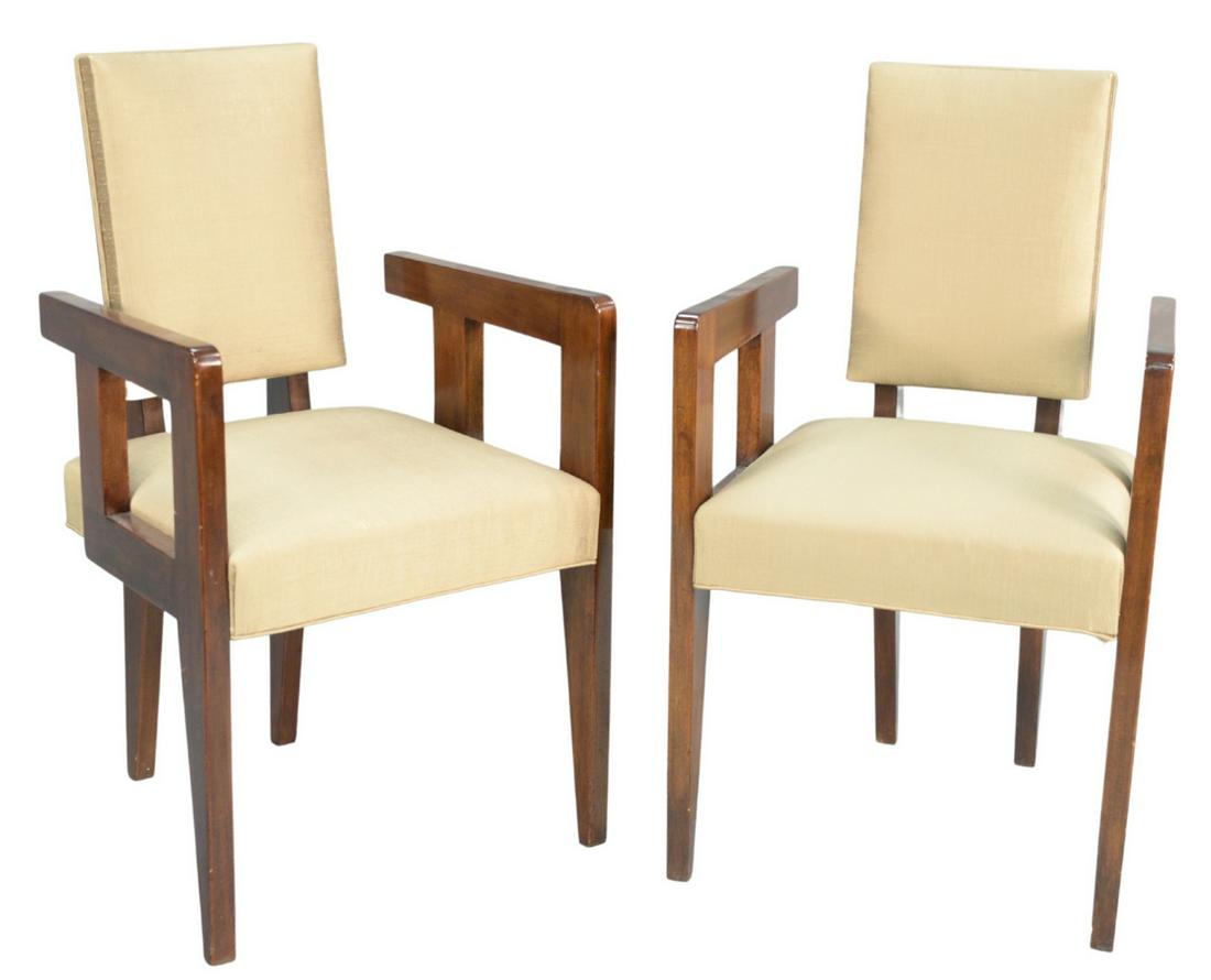 Pair of Andre Sornay Armchairs, circa 1940, mahogany: Pair of Andre Sornay Armchairs, circa 1940, mahogany with brass nail details, silk upholstered seats and backs, height 36 inches. Provenance: Purchased from Historical Design, Inc., New York for $29,5