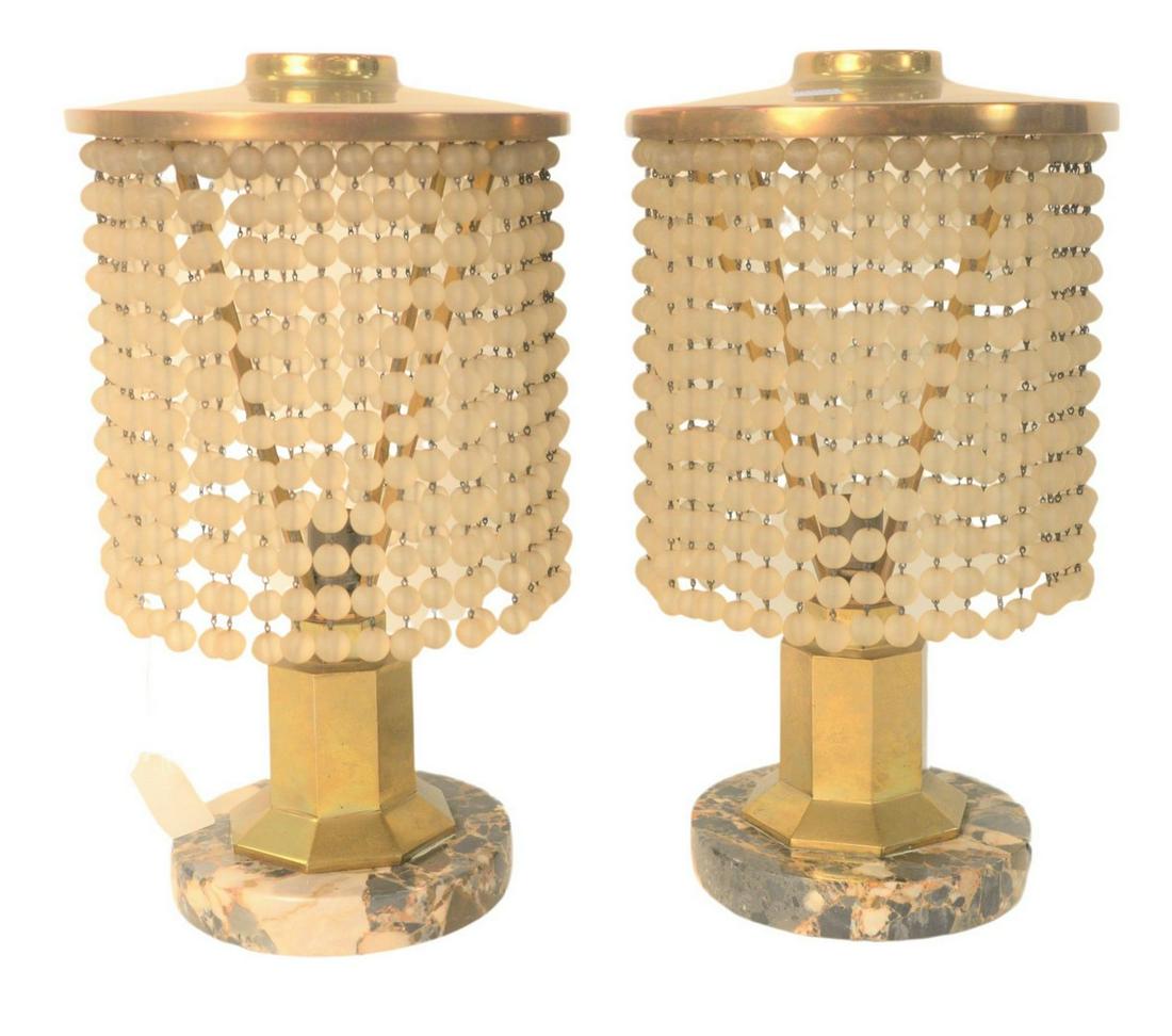 Pair of Mid-Century Brass Table Lamps, having glass: Pair of Mid-Century Brass Table Lamps, having glass bead shades on granite base, height 14 inches.