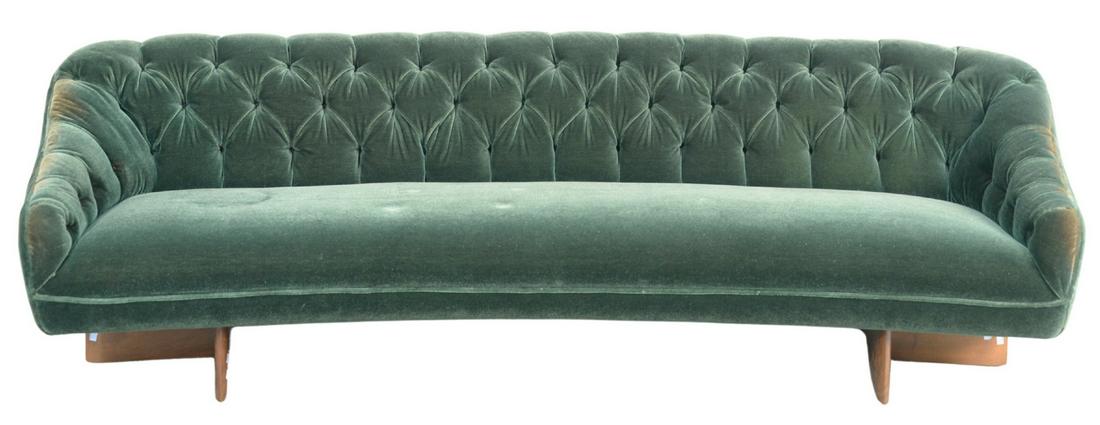 Vladimir Kagan Sofa, sculpted walnut, with green: Vladimir Kagan Sofa, sculpted walnut, with green mohair, tufted upholstery, similar to No. 6999, height 28 1/2 inches, width 96 inches, depth 29 inches.