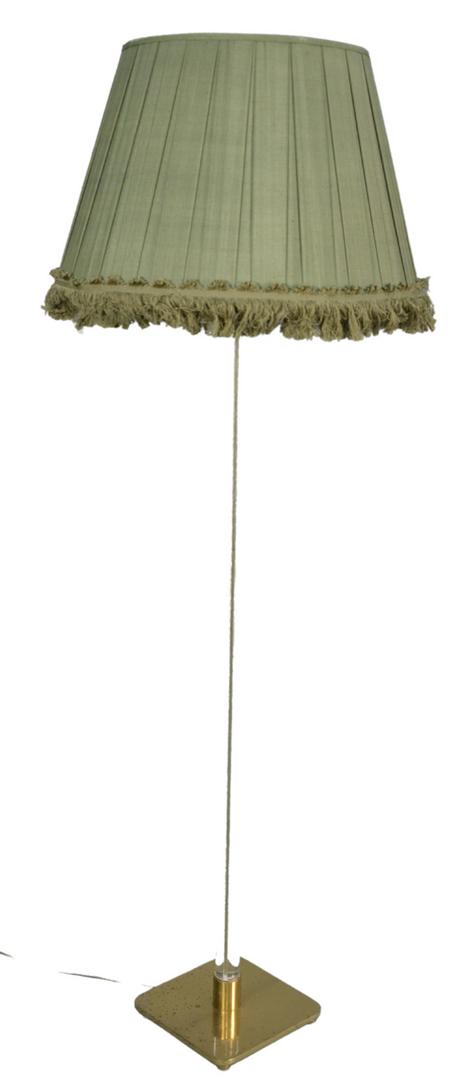 Hansen Floor Lamp, New York, 1960's, crystal shaft with: Hansen Floor Lamp, New York, 1960's, crystal shaft with square brass base and fitted brass top, mounted with three sockets, base stamped Hansen's Lamp, New York, height 57 1/2 inches, missing one foot