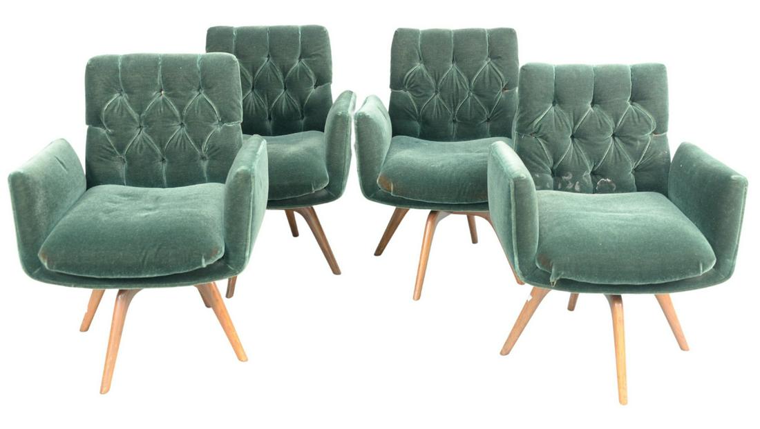 Set of Four Vladimir Kagan Swivel Armchairs,: Set of Four Vladimir Kagan Swivel Armchairs, upholstered in green mohair, having button tufted backs, solid walnut legs, seat height 12 inches, height 31 inches, width 24 1/2 inches, depth 24 inches. 