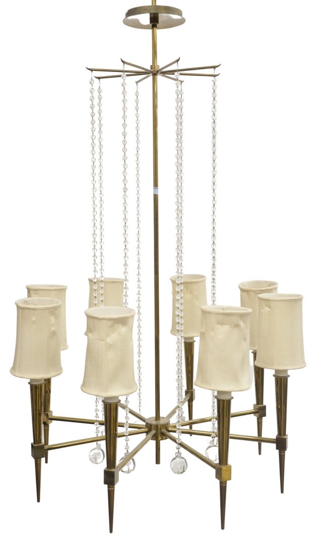 Tommi Parzinger Eight Armed Chandelier, brass with: Tommi Parzinger Eight Armed Chandelier, brass with glass bead and ball drops, from The Appleman Commission, Parzinger Originals, height 46 inches, diameter 25 inches. Provenance: The Estate of Alina R