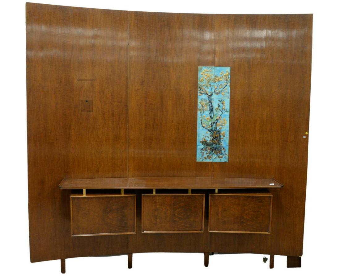 Hans Weiss Wall Unit, having curved walnut and tile: Hans Weiss Wall Unit, having curved walnut and tile back shelf, over three cabinet doors, tiles marked Nison, (one tile repaired), height 99 inches, width 101 inches, depth 28 inches. Provenance: The 