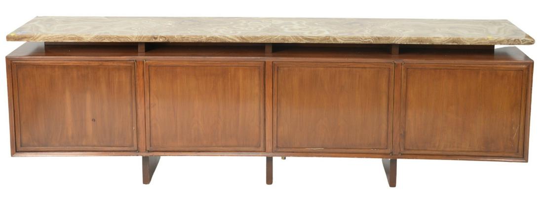Mid Century Credenza having marble top over four: Mid Century Credenza having marble top over four drawers, two having fitted drawers, height 27 inches, width 84 inches.