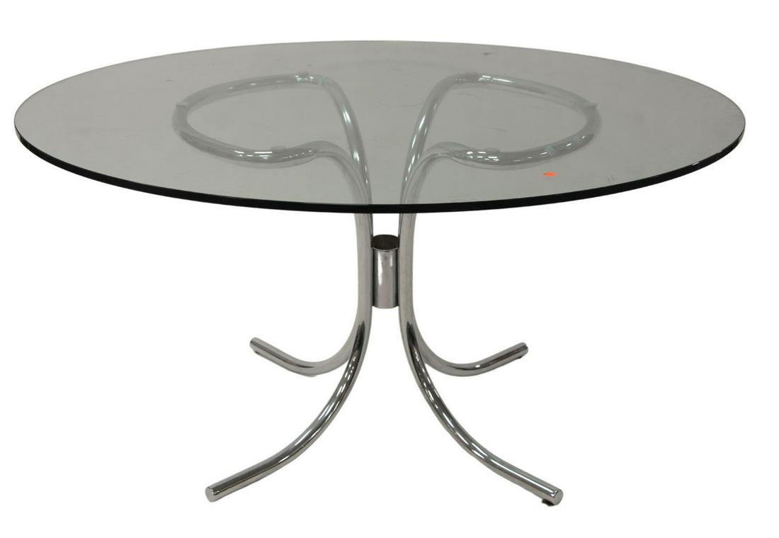 Round Glass Top Kitchen Table, with chrome base, height: Round Glass Top Kitchen Table, with chrome base, height 28 inches, diameter 55 inch.