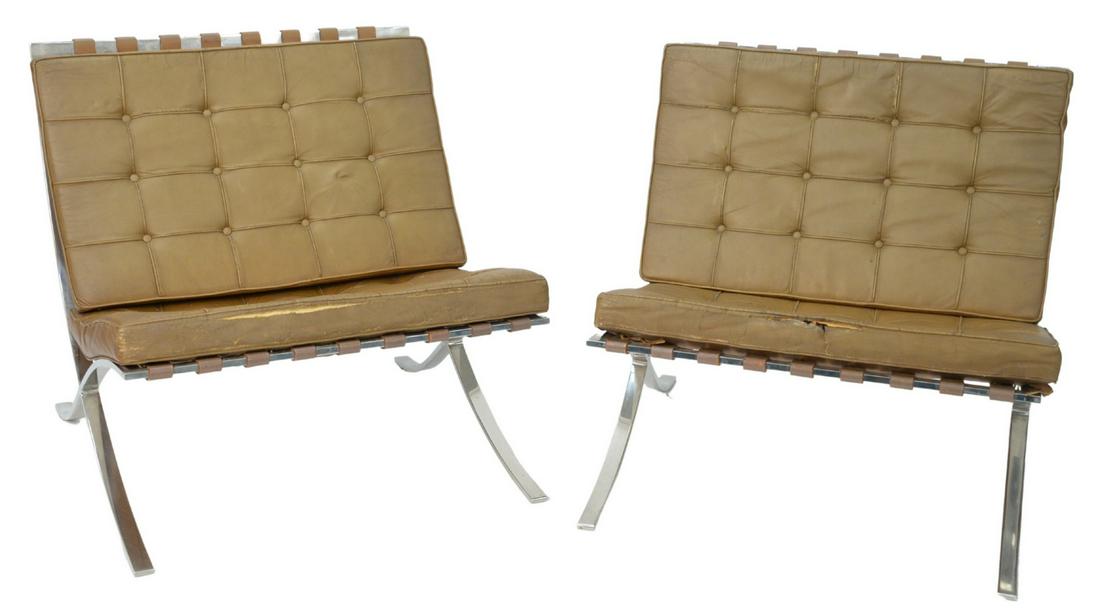 Pair of Barcelona Chairs, vintage, distressed leather,: Pair of Barcelona Chairs, vintage, distressed leather, very heavy, height 29 inches. Provenance: The Estate of Alan Gans, Mulberry Point, Guilford.