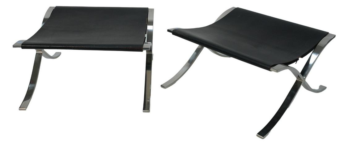 Pair of Barcelona Footstools, black vintage leather,: Pair of Barcelona Footstools, black vintage leather, height 12 inches, top 23" x 22". Provenance: The Estate of Alan Gans, Mulberry Point, Guilford.