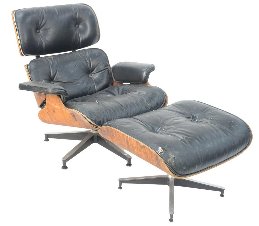 Two Herman Eames Lounge Chairs and Ottoman, one in: Two Herman Eames Lounge Chairs and Ottoman, one in rosewood. Provenance: The Estate of Alan Gans, Mulberry Point, Guilford.