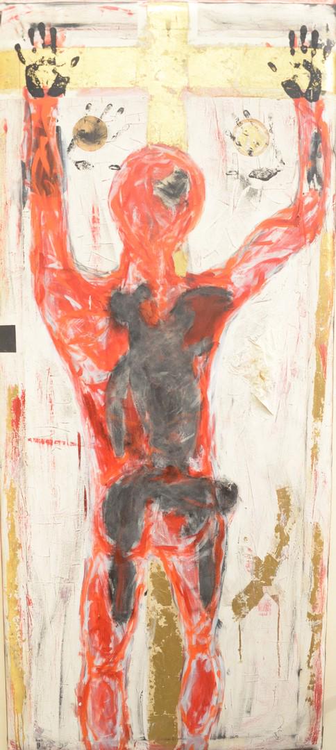 Thomas Kuppler (American, 20th Century), Holding On,: Thomas Kuppler (American, 20th Century), Holding On, 2003, acrylic on canvas with collage over foam, signed and dated lower right Kuppler, 2003, retails for $6,000, 78" x 39". Provenance: Purchased di