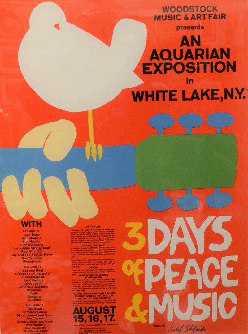Arnold Skolnick (American, b. 1937), "3 Days of Peace &: Arnold Skolnick (American, b. 1937), "3 Days of Peace & Music", Woodstock Festival lithograph, in colors on paper, signed in ink lower center Arnold Skolnick, 24 1/2" x 18" (sight).