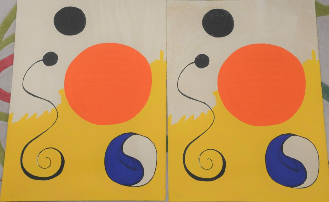 After Alexander Calder (American, 1898 - 1976), Pair of: After Alexander Calder (American, 1898 - 1976), Pair of Red Sphere on Yellow Ground, lithograph on colors on paper (each), circa 1970's, heavily toned, both editioned in pencil out of 300, lower right