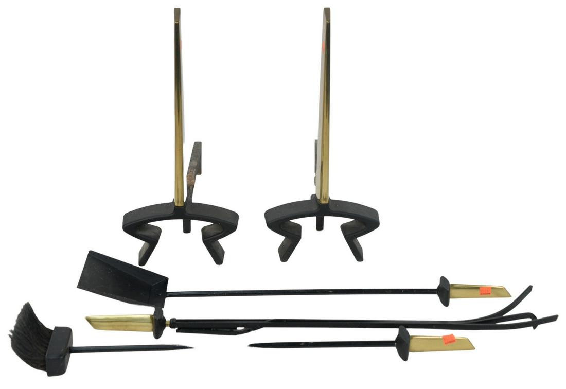 Five Piece Fireplace Set, Donald Deskey Bennett, cast: Five Piece Fireplace Set, Donald Deskey Bennett, cast iron and brass, having pair of andirons, brush, shovel along with a poker, height 19-1/2 inches.