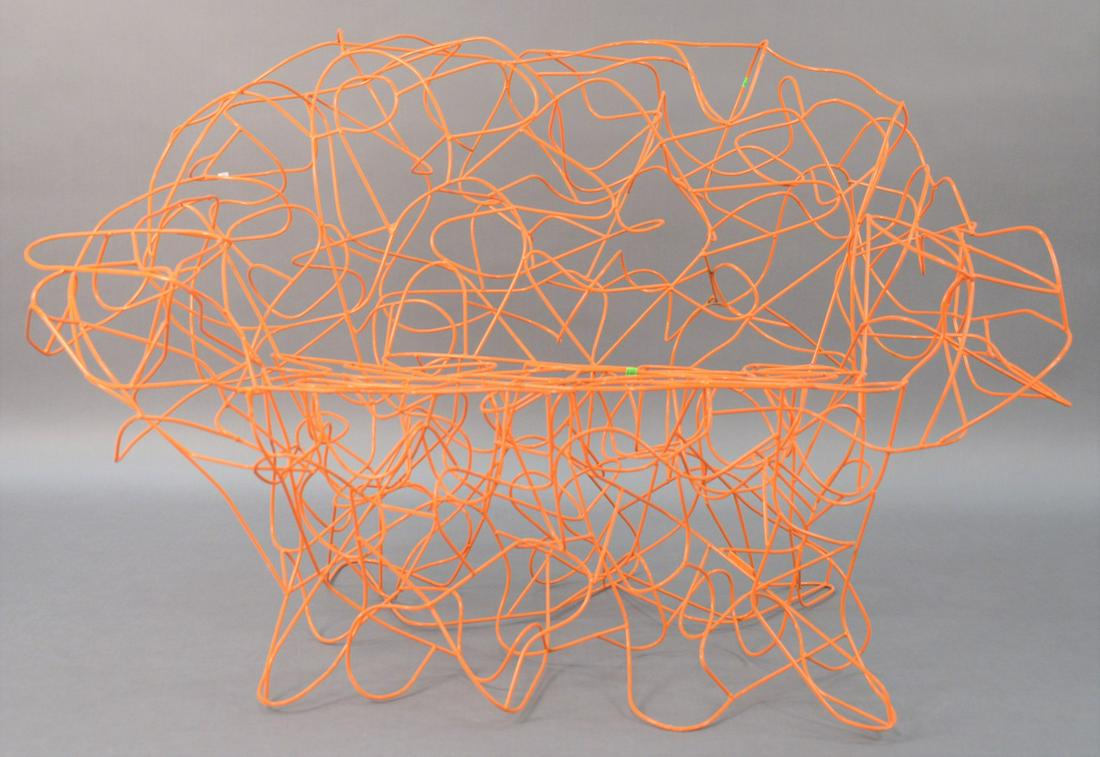 Fernando and Humberto Campana Corallo Sofa, having: Fernando and Humberto Campana Corallo Sofa, having irregular form of woven stainless steel orange wire, steel stamp tag, height 35 inches, length 60 inches, depth 35 inches.