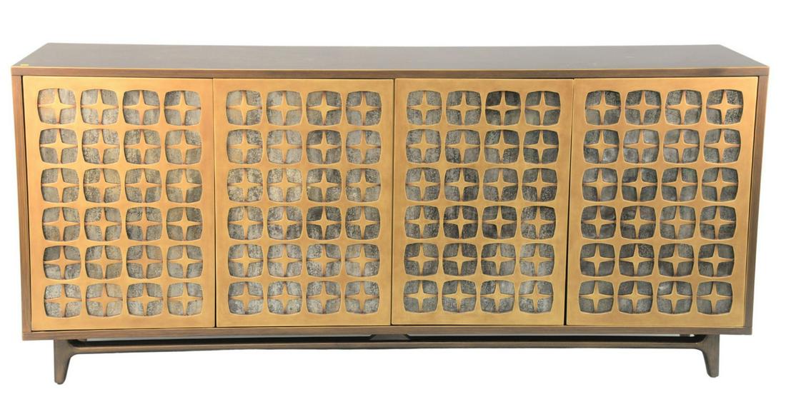 John Richard Mirrored Cabinet, having four doors,: John Richard Mirrored Cabinet, having four doors, shelves, and interior, marked with John Richard Fine Furniture tag, height 38 inches, top 20" x 85".