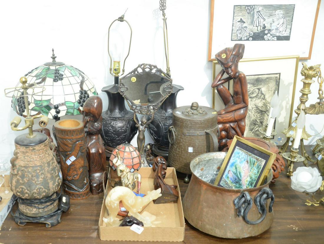 Large tray lot to include; Bali Carved Wood Figure,: Large tray lot to include; Bali Carved Wood Figure, hand hammered copper pot, made in Italy; three Oriental lamps; carved figures; small boudoir lamp; etc. Provenance: The Estate of Alina Roisen, Park