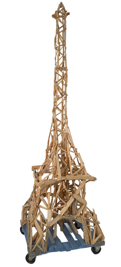 Marko Lehanka (German, b. 1961), Eiffel Tower; wood,: Marko Lehanka (German, b. 1961), Eiffel Tower; wood, nails, staples, and glue, signed on the base, 84" x 36". Provenance: Purchased from Art Basel, Miami, 2003.