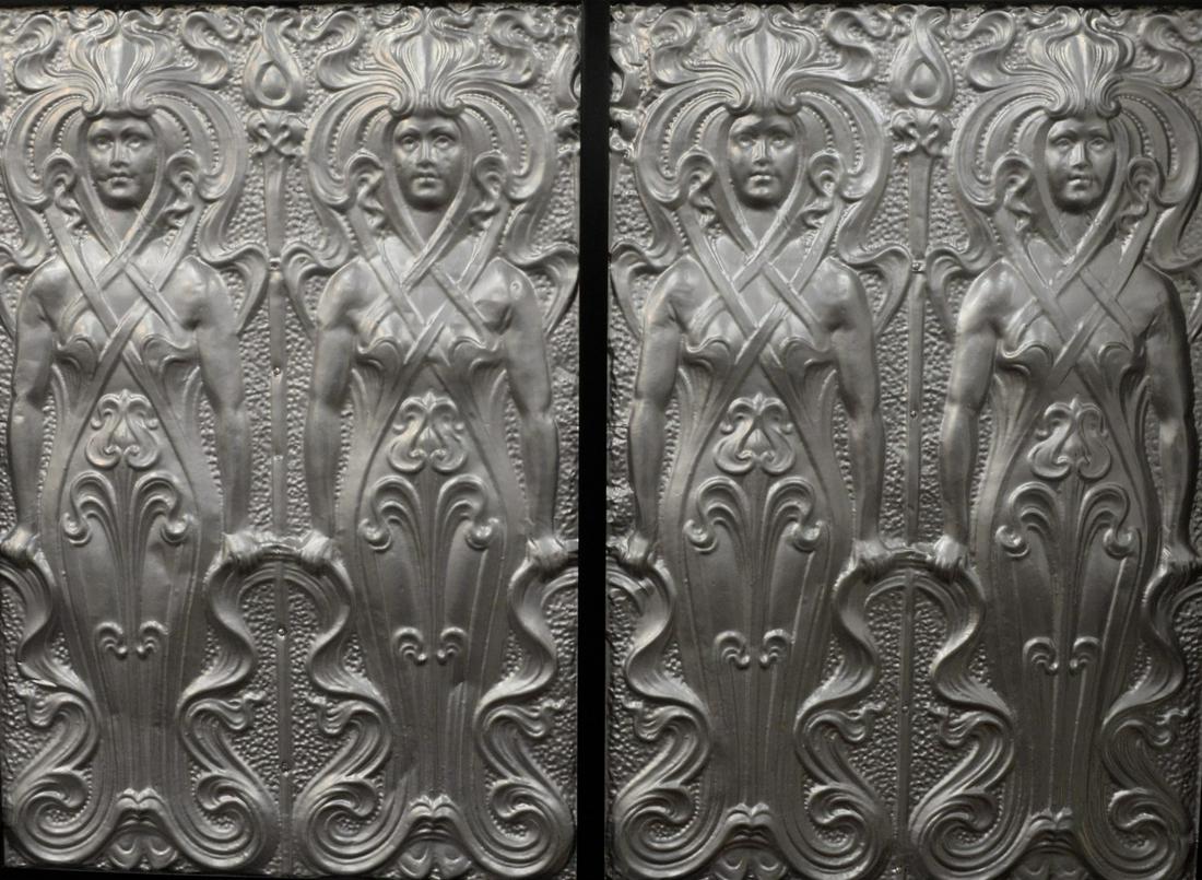 Large Art Deco Style Embossed Metal Two-Panel Wall: Large Art Deco Style Embossed Metal Two-Panel Wall Hanging, depicting women in headdresses, overall dimensions including frame 40 1/2" x 54".