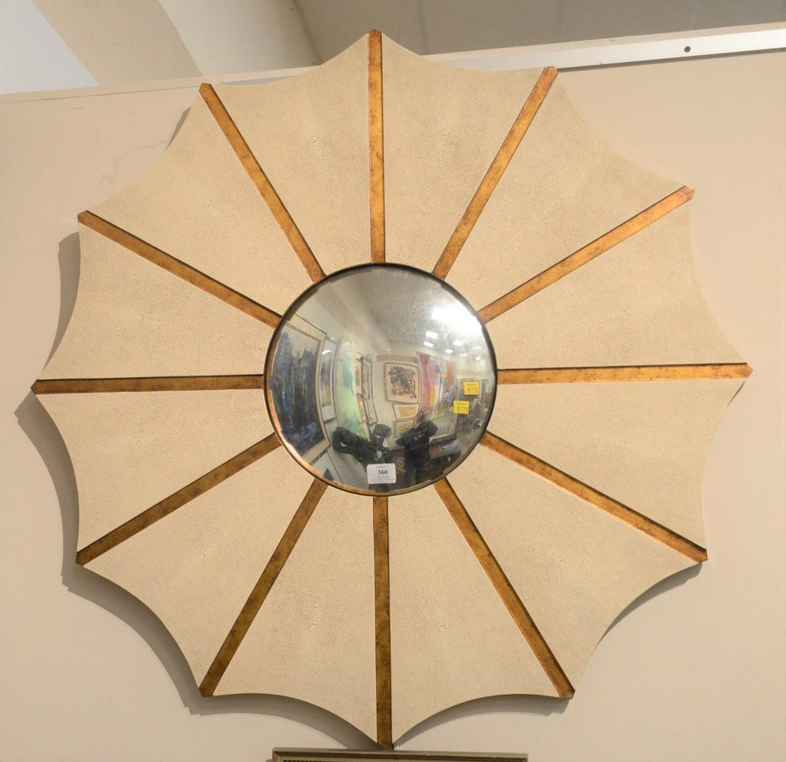 Faux Shagreen Star Form Mirror, small round convex: Faux Shagreen Star Form Mirror, small round convex mirror having faux shagreen panels and gold painted border frame, similar to Ria and Youri Augousti, diameter 37 1/2 inches.