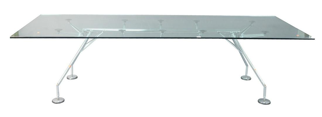 Lord Norman Foster Tecno Nomos Clear Glass: Lord Norman Foster Tecno Nomos Clear Glass Conference/Dining Table, with chrome base, height 28 1/2 inches, top 39" x 110".