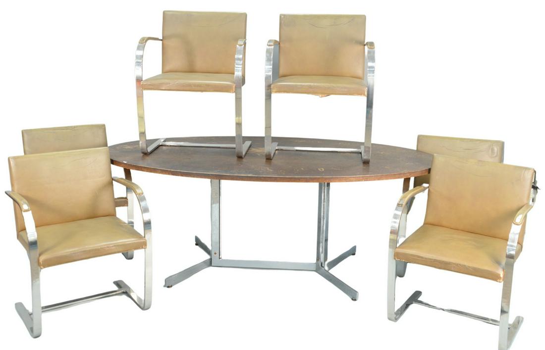 Seven Piece Knoll International Dining Set, to include: Seven Piece Knoll International Dining Set, to include six Brno chairs, designed by Mies Van Der Rohe, having chrome plated frames and leather upholstery, along with Bern oval walnut table, designed b