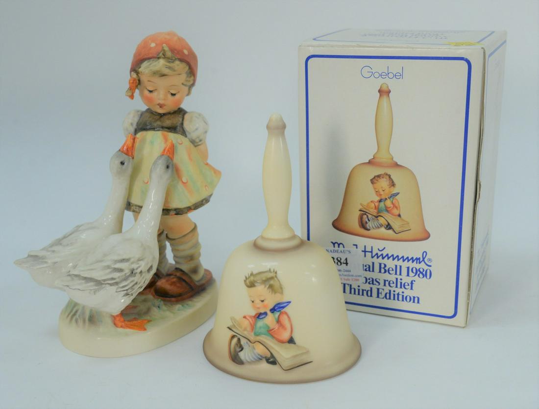 Pair of Hummel's, to include 'Goose Girl' and a 1980: Pair of Hummel's, to include 'Goose Girl' and a 1980 Annual Bell in it's original box, each marked, height 8 inches.