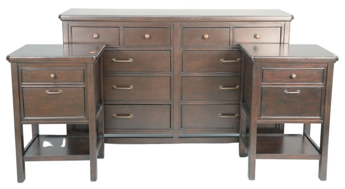 Four Piece Lot, to include Stanley chest, height 42",: Four Piece Lot, to include Stanley chest, height 42", top: 19" x 67"; two night stands, top: 18" x 22"; along with mirror.