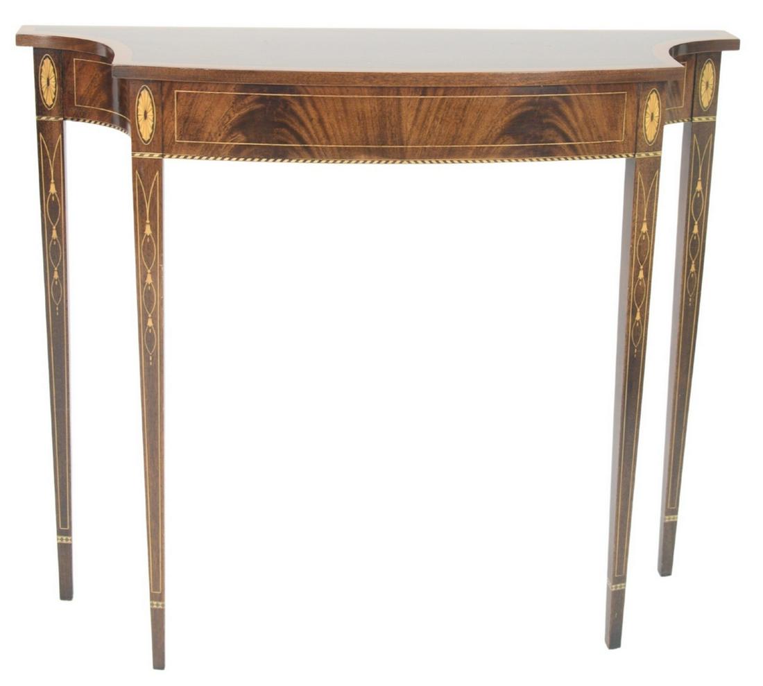 Stickley Mahogany Inlaid Console Table, height 32: Stickley Mahogany Inlaid Console Table, height 32 inches, width 38 inches.
