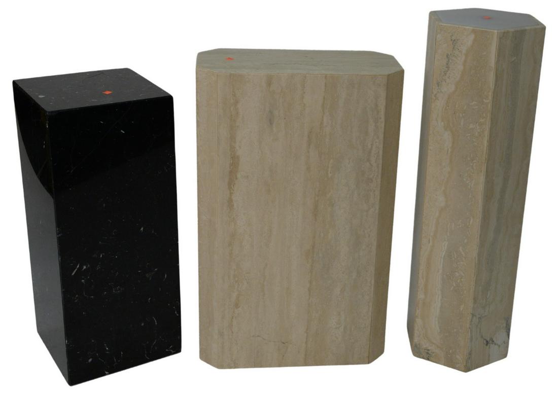 Three Granite Pedestals, one with light-up top, height: Three Granite Pedestals, one with light-up top, height 36 inches, diameter 10 1/4 inches; black granite top 12" x 12" x 28 1/2", has small crack, tan height 31 3/4 inches, top 9 1/2" x 19 3/4".