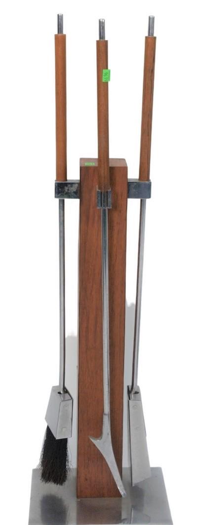 Mid-Century Four Piece Chrome Fire Tool Set, tools: Mid-Century Four Piece Chrome Fire Tool Set, tools length 34 inches.