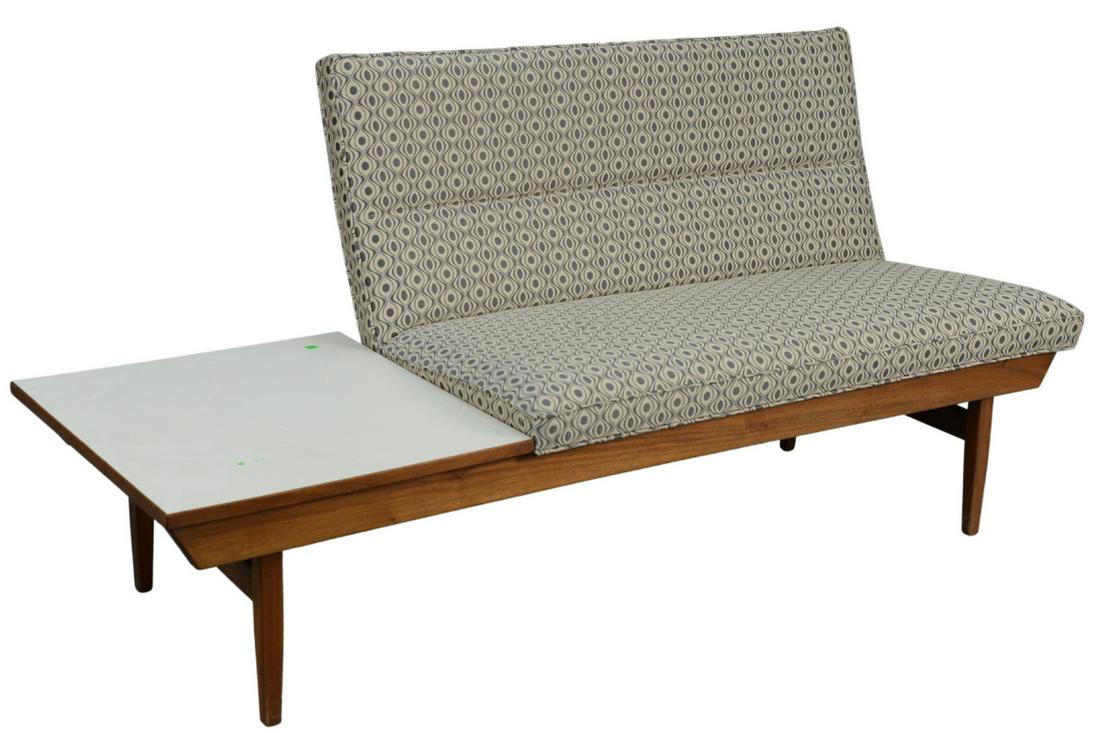 Thayer Coggin Settee, with side table, height 32: Thayer Coggin Settee, with side table, height 32 inches, width 65 inches.