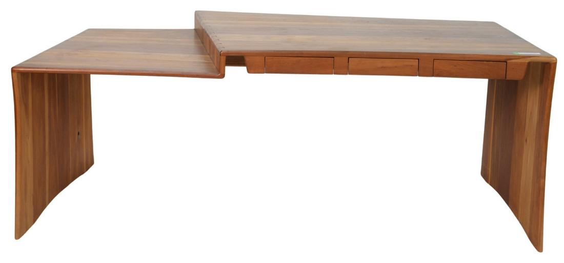 Large Mid-Century Modern Two-Tier Desk, having three dr: Large Mid-Century Modern Two-Tier Desk, having three drawers, exposed dovetails, Nakashima style, height 29 1/2 inches, top 36" x 74".