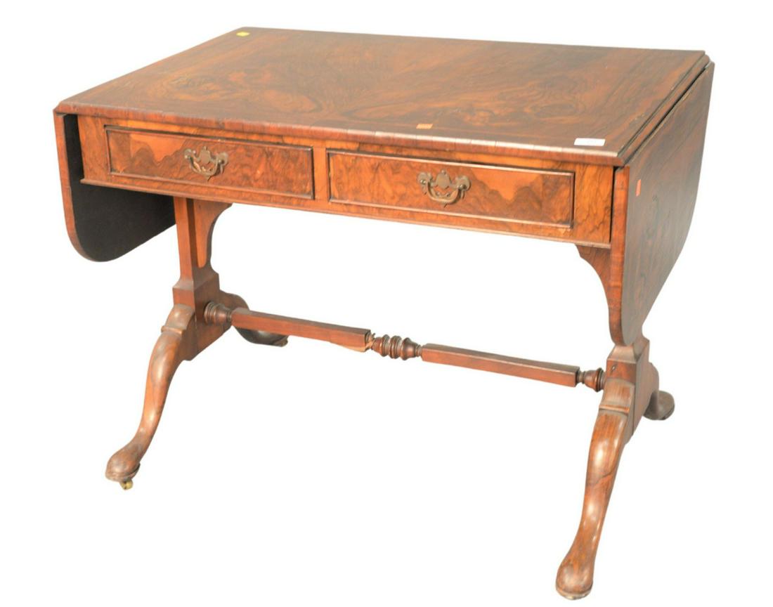 Burlwood Sofa Table, with drop leaves and two drawers,: Burlwood Sofa Table, with drop leaves and two drawers, height 28 inches, top 24" x 36".