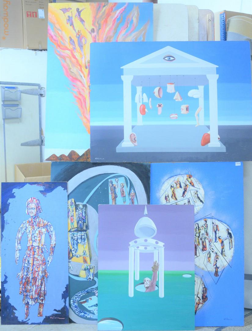 Group of Six Large Nathaniel Reich Acrylics, on: Group of Six Large Nathaniel Reich Acrylics, on Masonite, each signed, 36" x 48".