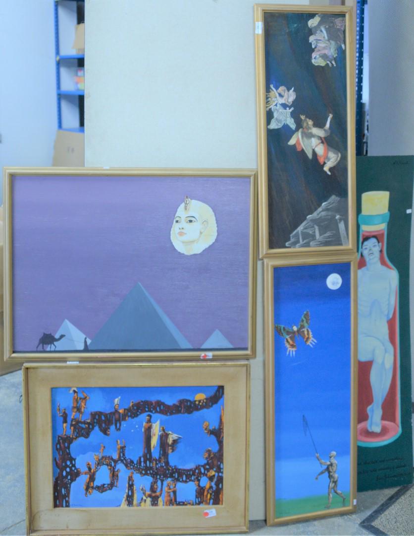 Group of Five Nathaniel Reich, each acrylic and collage: Group of Five Nathaniel Reich, each acrylic and collage on Masonite, each signed, largest 18" x 24".