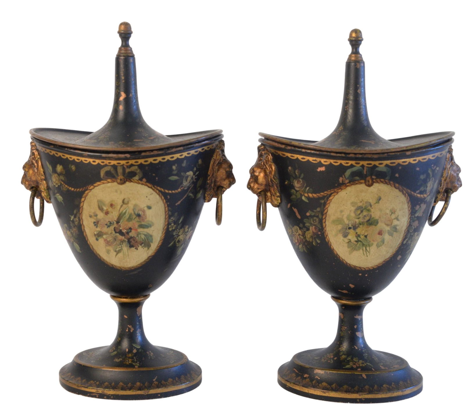 Pair of Victorian Tole Chestnut Urns, having gilt and (1 of 3)