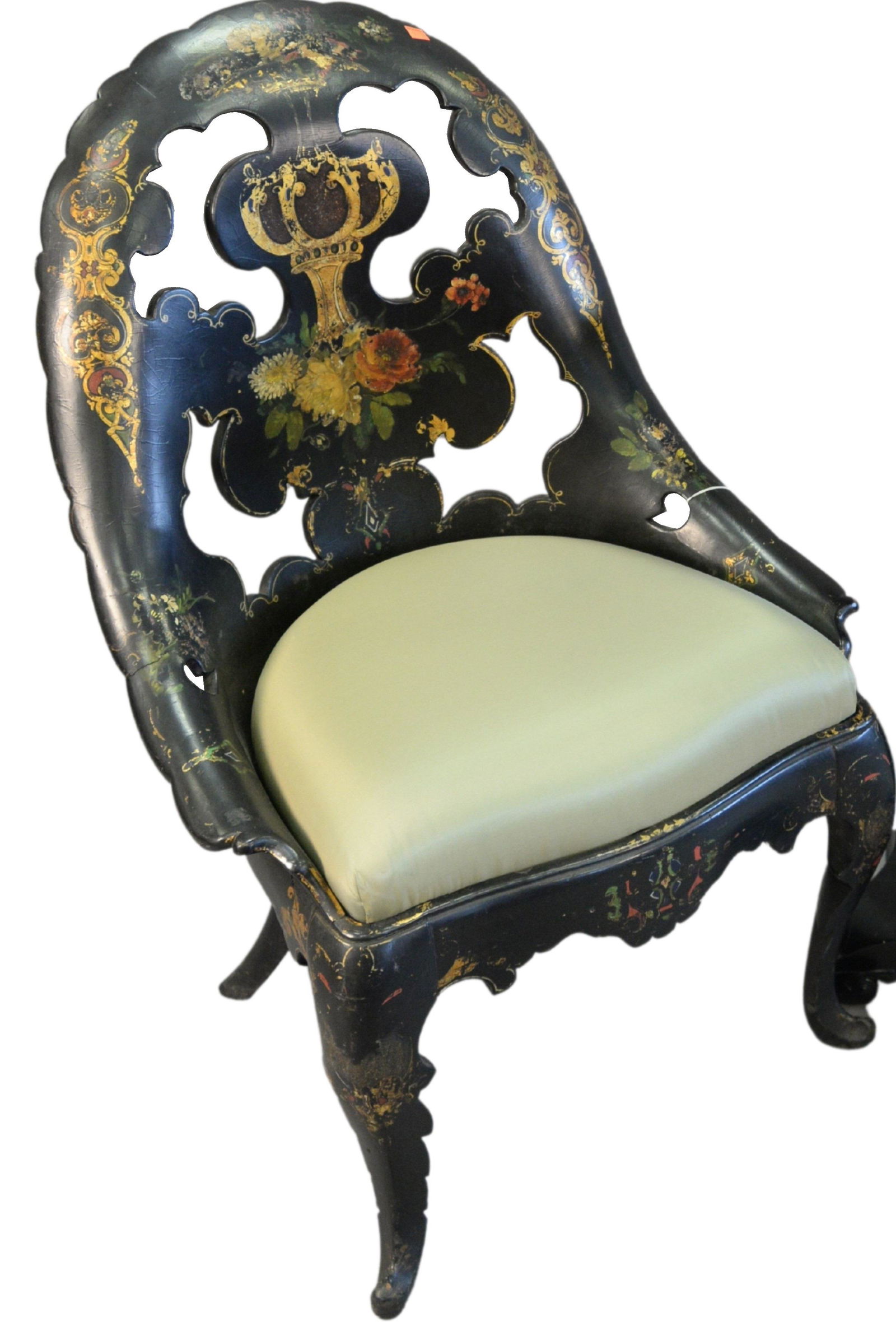 Black Lacquered Chair with rounded back, painted flower (1 of 4)