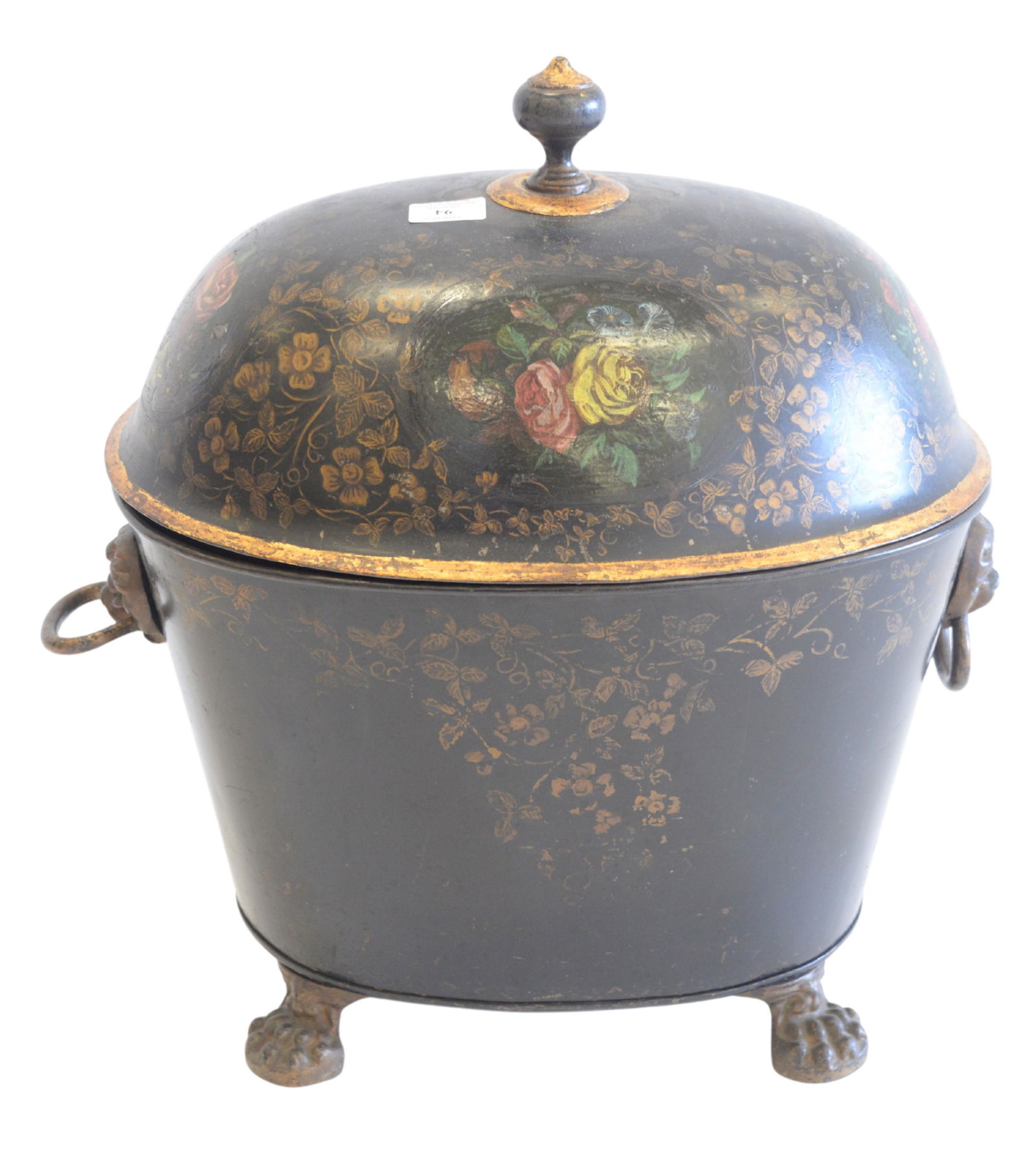 Victorian Tole Coal Hod painted black with flowers, (1 of 4)