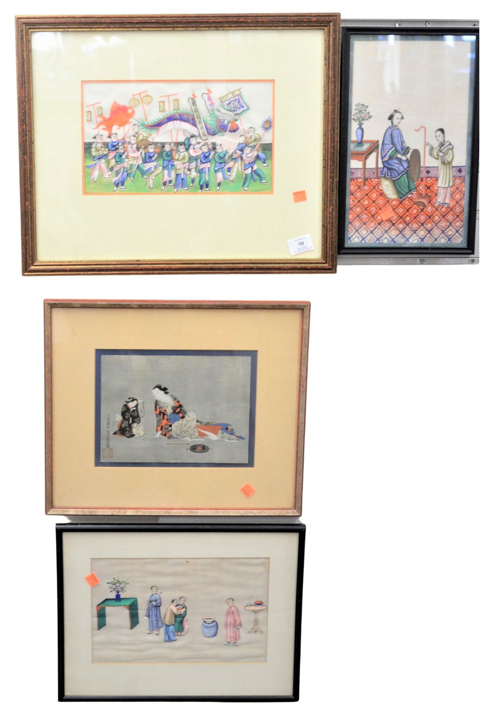 Group of Five Asian Rice Paper Paintings, each with (1 of 5)