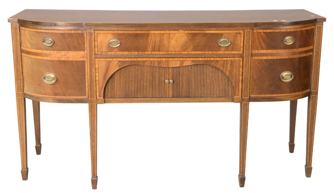 Mahogany Federal Style Sideboard, with banded inlaid: Mahogany Federal Style Sideboard, with banded inlaid front drawers and doors, (one small chip of veneer on top left), height 37 1/2 inches, width 68 inches.