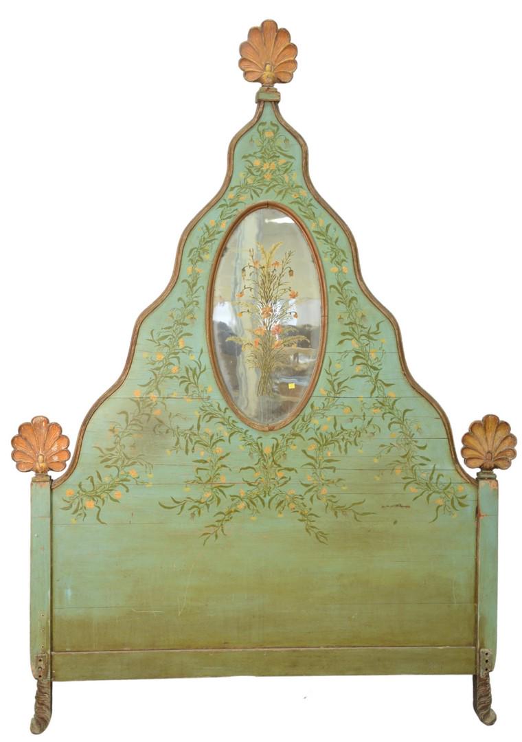 Carved and Painted Headboard, with painted oval mirror, (1 of 4)
