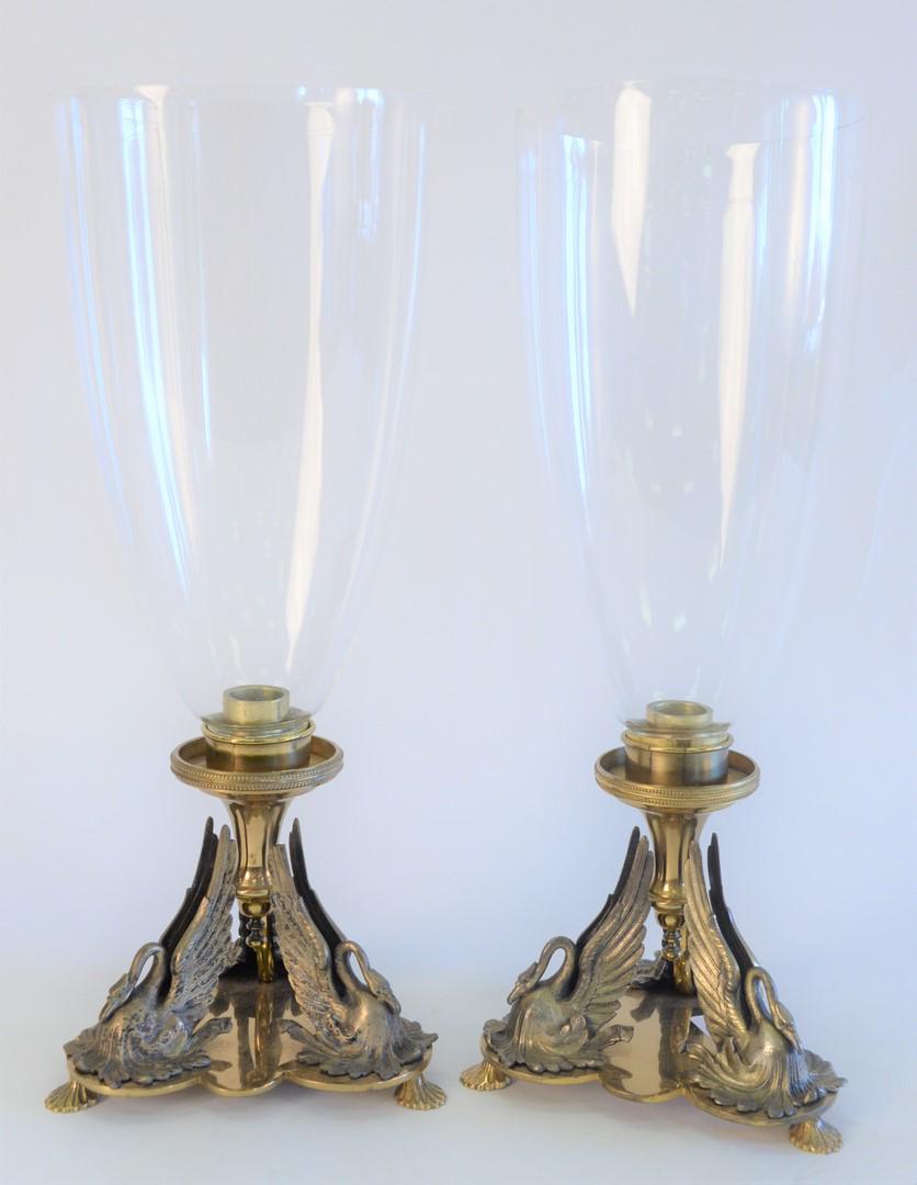 Pair of Brass Candlesticks, having glass hurricane (1 of 5)