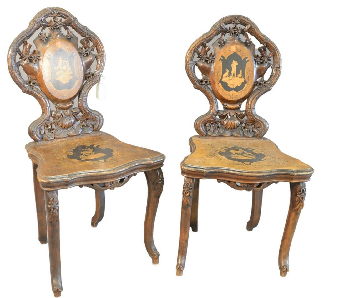Pair Black Forest Side Chairs, with open, carved backs, (1 of 5)