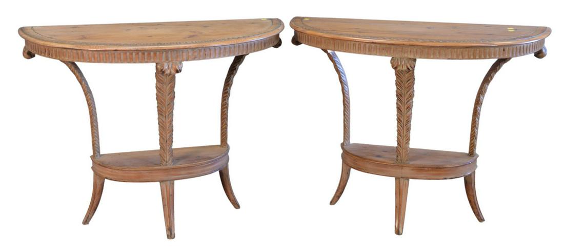 Pair Pine Demilune Tables, having plume supports, (1 of 4)