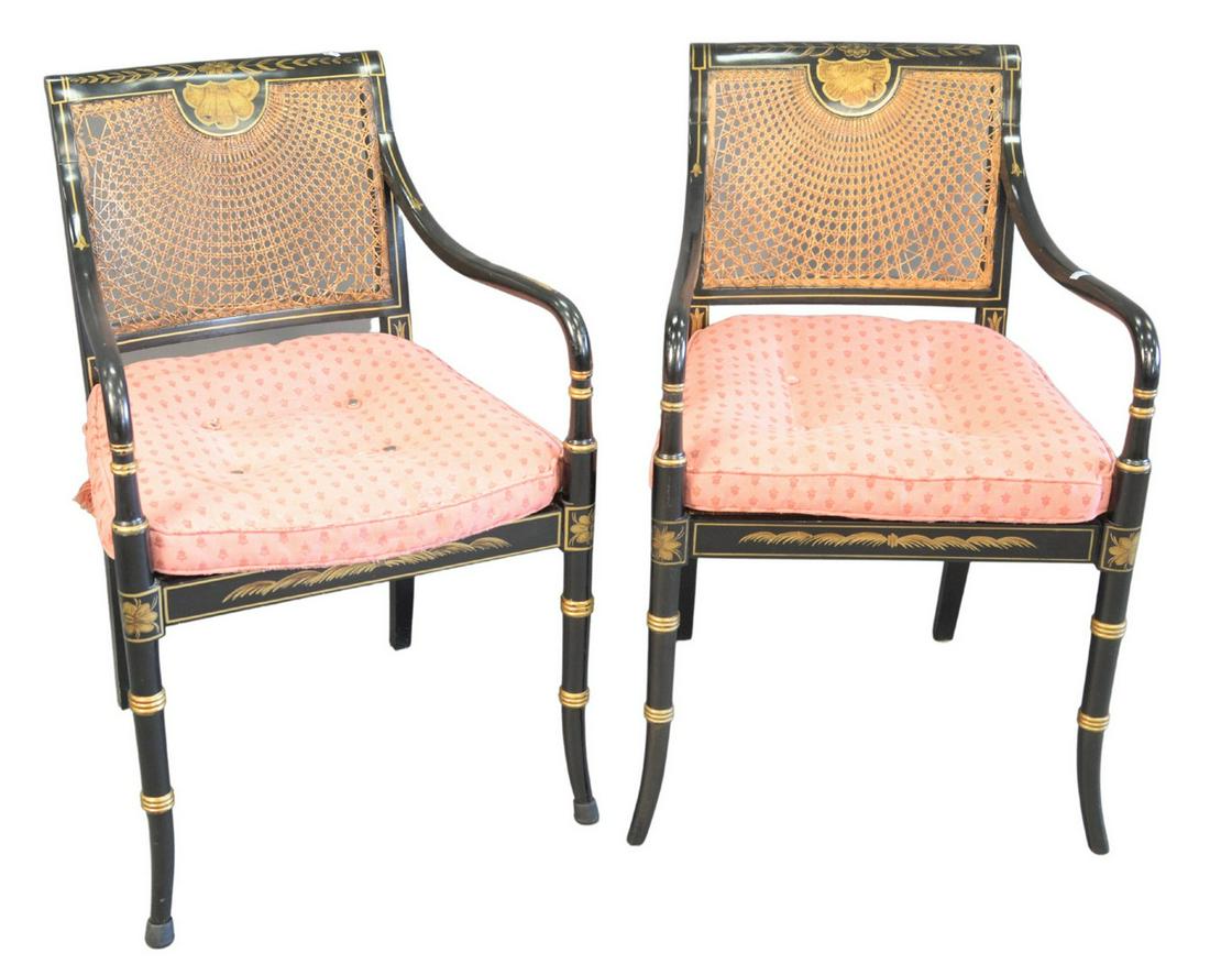 Set of Five Black Stenciled Armchairs, with caned backs (1 of 5)