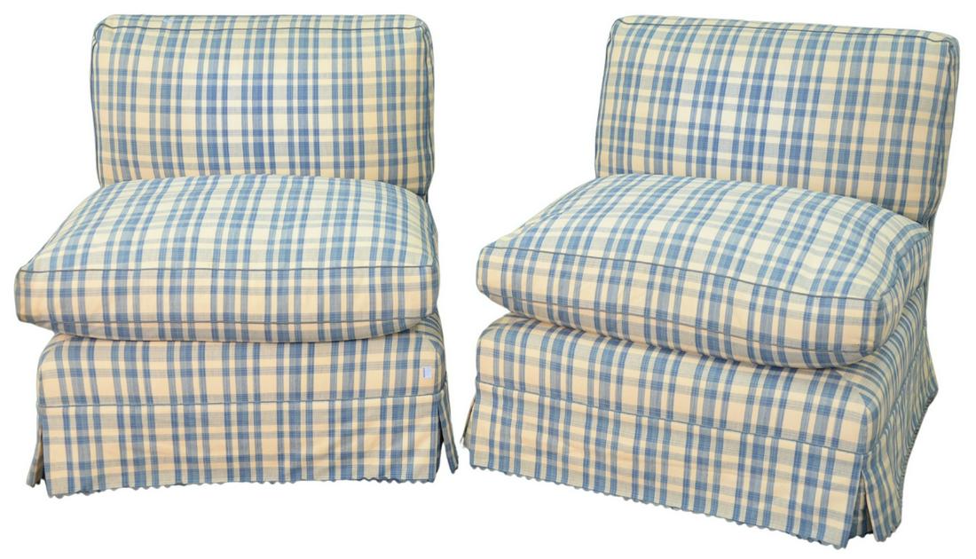 Pair of Custom Upholstered Slipper Chairs with blue and (1 of 4)