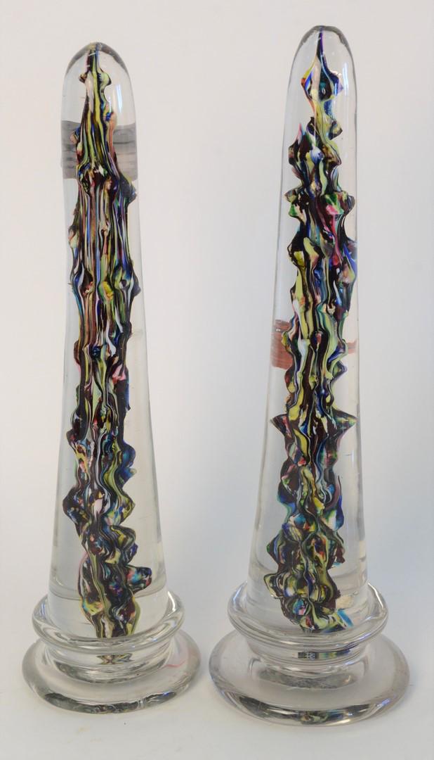 Pair Venetian Glass Obelisks, with multi colored: Pair Venetian Glass Obelisks, with multi colored vortex, height 13 1/2 inches.
