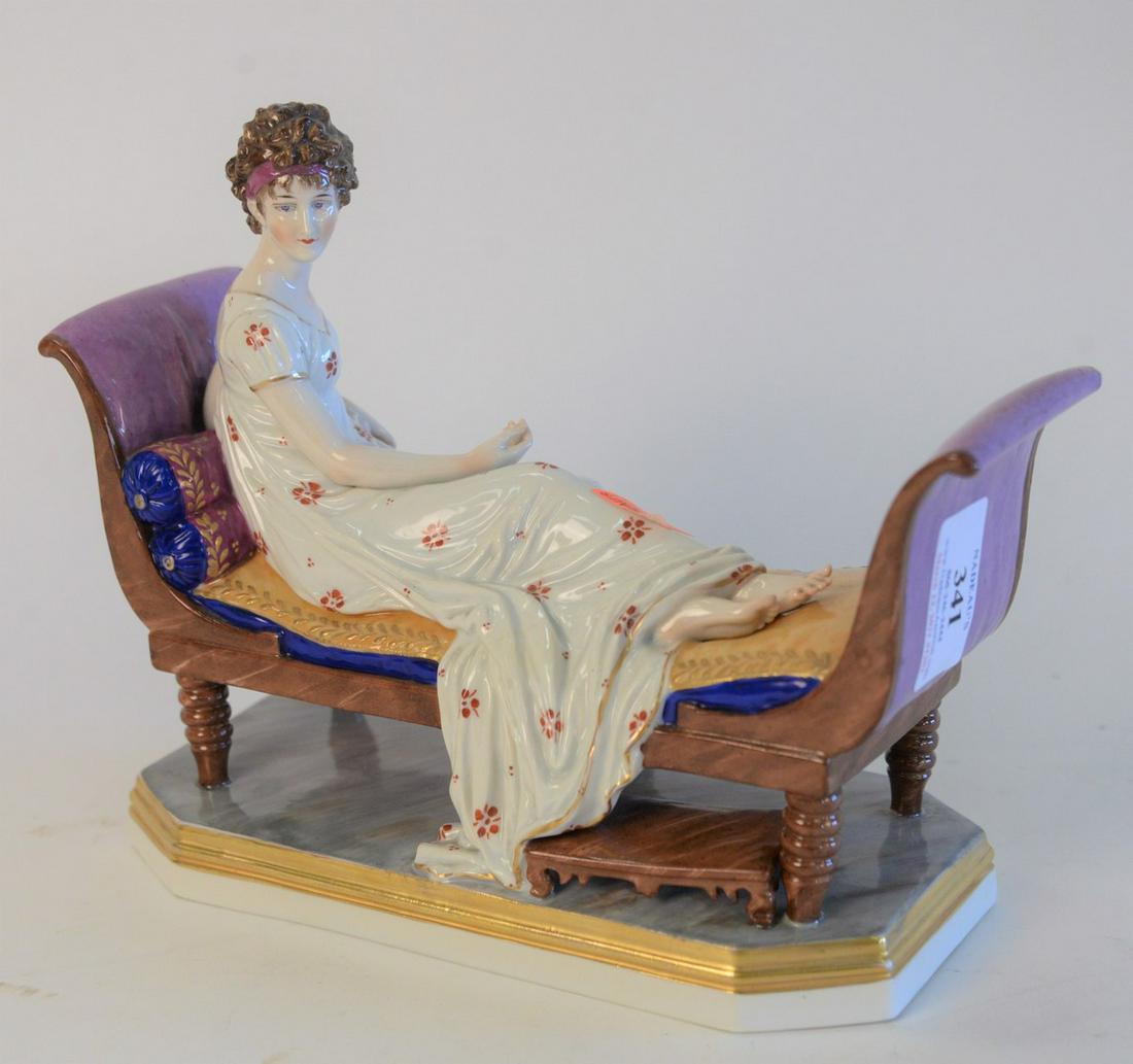 Chelsea Porcelain Recamier Figure, and reclining woman: Chelsea Porcelain Recamier Figure, and reclining woman marked with gold anchor, height 7 inches, length 9 inches.