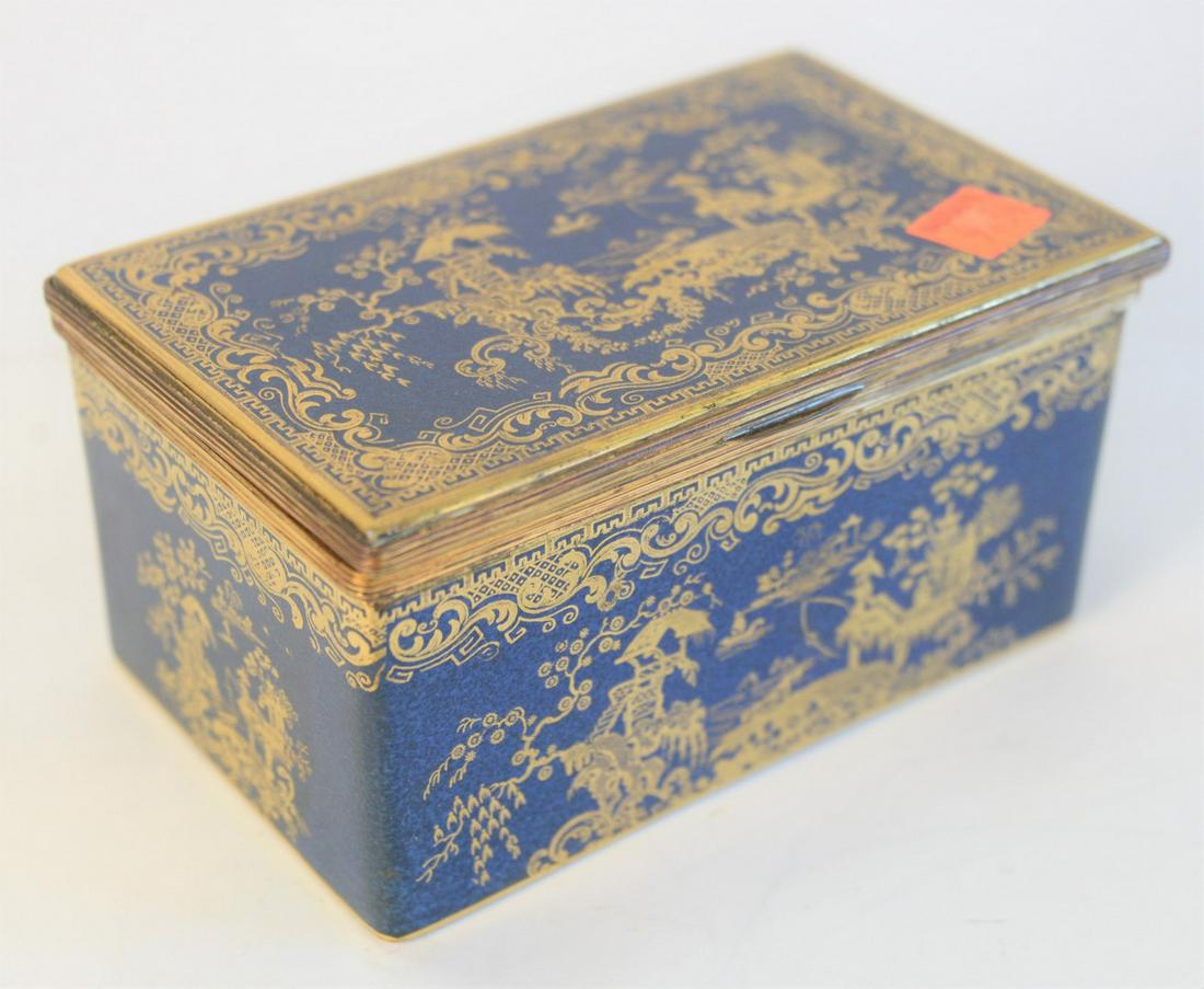 Copeland Spode Box, with hinged lid, reeded brass trim,: Copeland Spode Box, with hinged lid, reeded brass trim, all in a powder blue with Chinese gilt decoration, height 3 1/4 inches, top 4" x 6 1/4".