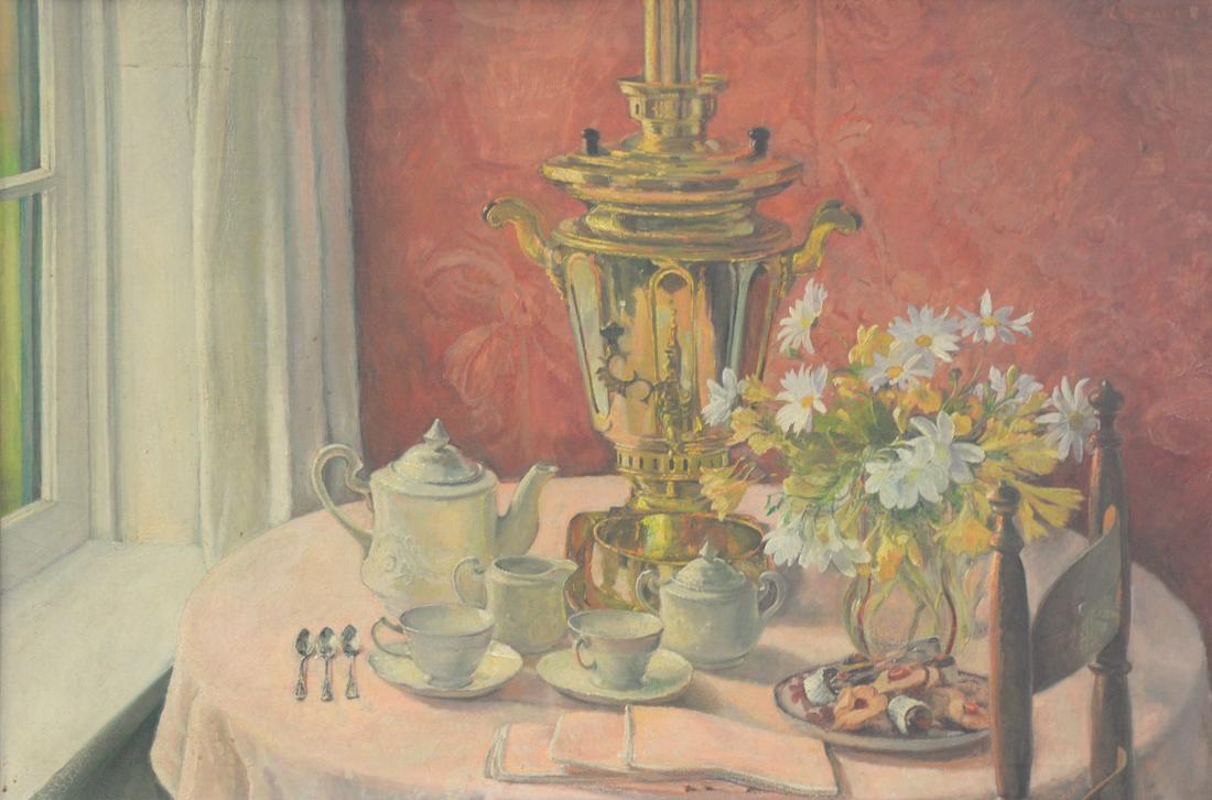Leila Sawyer (American, 1883 - 1977), still life with: Leila Sawyer (American, 1883 - 1977), still life with tea, oil on canvas, signed upper right: L. Sawyer, 24" x 36".